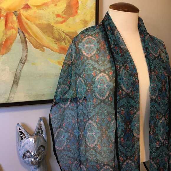 Sheer Blue Floral Damask Tapered Boho Scarf - Picture 10 of 16